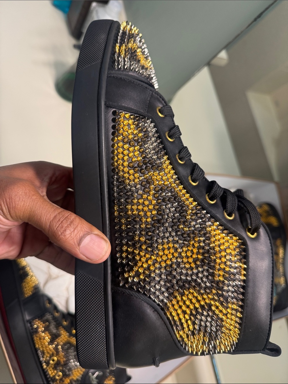 Christian Louboutin Black and Gold Spike-Embellished High-Top Sneakers - Picture 2 of 13
